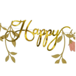 Banner Happy Birthday auriu, decorat cu flori – 1.3 m