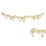 Banner Happy Birthday auriu, decorat cu flori - 1.3 m