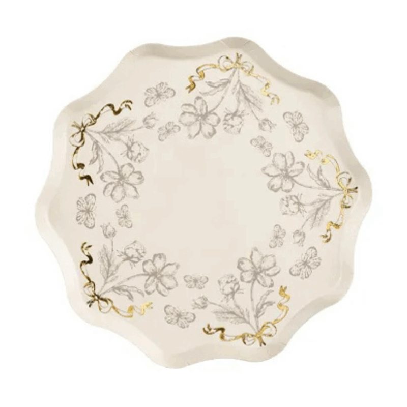 Farfurii bej cu flori și detalii aurii – set de 6