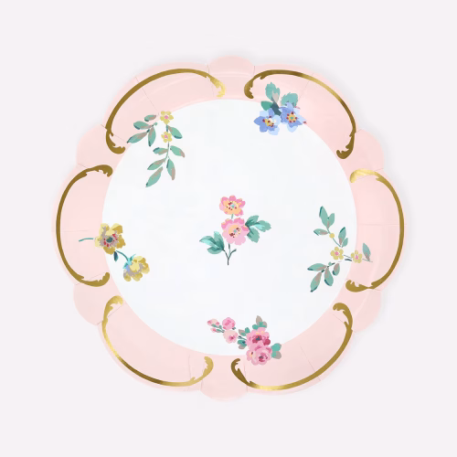 Farfurii roz pastel elegante cu detalii aurii – stil Rococo – Meri Meri