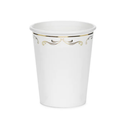 Pahare carton albe cu model auriu – set pahare petrecere elegante