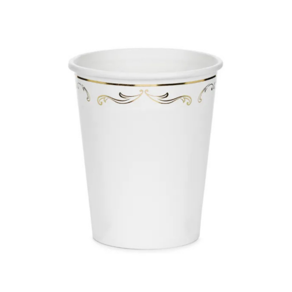 Pahare carton albe cu model auriu – set pahare petrecere elegante