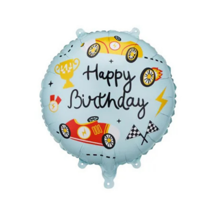Balon folie Happy Birthday cu mașini – decor aniversare copii, tematică racing
