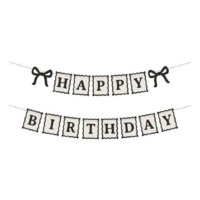 Banner Happy Birthday crem-negru cu fundițe – decor elegant petrecere