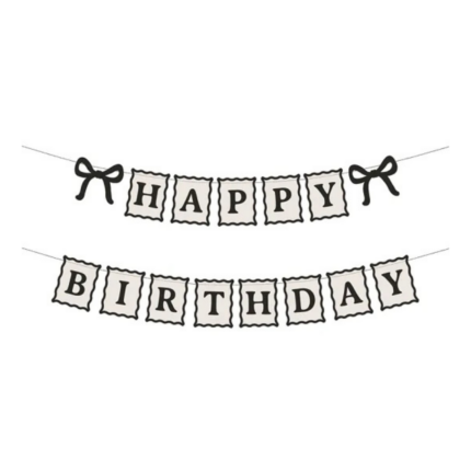 Banner Happy Birthday crem-negru cu fundițe – decor elegant petrecere