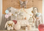 Balon folie iepuraș cu baloane – decor pastel pentru Paște, botez și petreceri copii